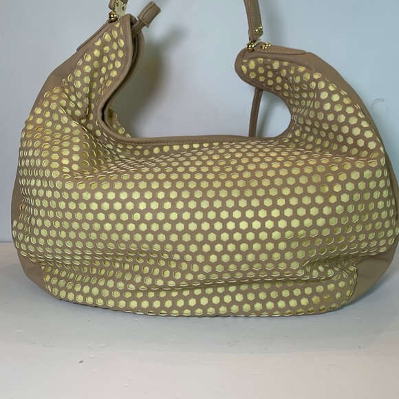Charming Charlie Tan and Yellow Buttercup perforated Hobo Handbag - Picture 6 of 10